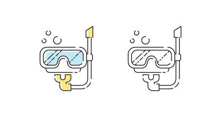 Snorkeling or diving scuba mask icon linear vector. Underwater swimming mask logo symbol set in color and black.