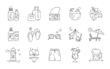 Summer vacation and beach party icon set. Vector linear symbol illustration in modern cute style. Icons of sun cream, luggage, cocktail, sunglasses, flip flops, tent, swimsuit, camera and lighthouse.
