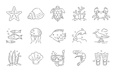 Sea fishes and seaweeds line icon set. Set of line art icons on white background. Summer concept. fish, dolphin, shrimp, turtle and various others ocean and sea creatures. 