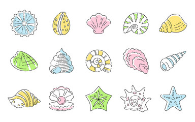 Seashells and mollusk icons set. Different sea and various beach shells logos and signs thin line contour symbols. Vector sea shells collection isolated Line art for web, app icons and outline logo. 