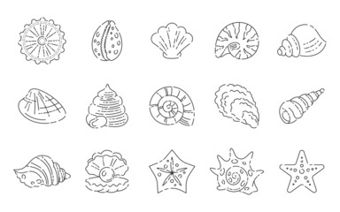 Seashells icon set. Vector perfect linear black and white marine logo collection.