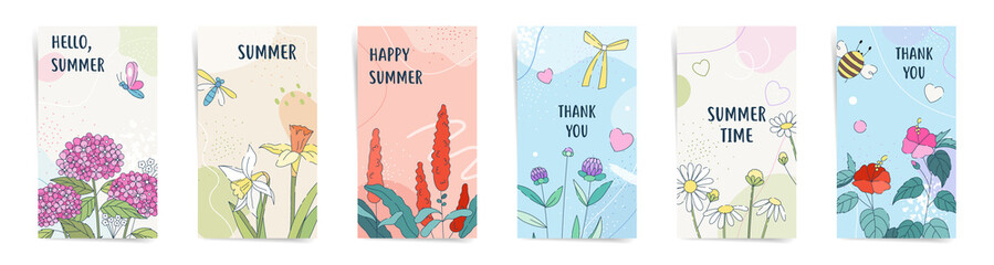 Summer flowers story design template set for social median posts, stories, floral banners and decorative poster background. Vector summertime nature concept promo illustrations.