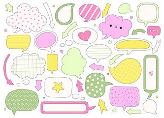 Cute shapes, spots, speech bubbles, lines, arrows. Vector set of trendy abstract cartoon comic hand drawn colorful kawaii elements for graphic design, notebook notes, planners, studies.
