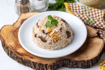 Traditional delicious Turkish food; rice pilaf with pine nuts and currants (Turkish name; bademli ic pilav or pilaf)