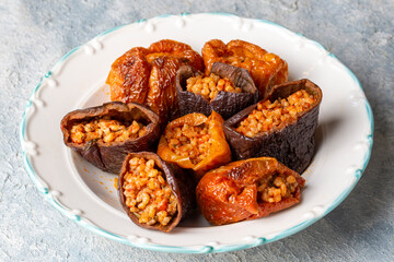 Dried eggplant stuffed and dried pepper stuffed with rice, tomato and olive oil known as dolma. (Turkish name; kuru biber dolmasi, kuru patlican dolmasi)