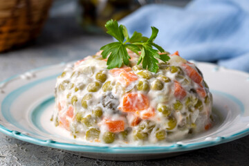 Russian salad Olivier with mayonnaise and egg served (Turkish name; Rus salatasi)