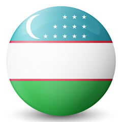 Round icon with flag of Uzbekistan. Glass light ball, sticker, sphere. Uzbek national symbol. Glossy realistic ball, 3D abstract vector illustration. Template big bubble