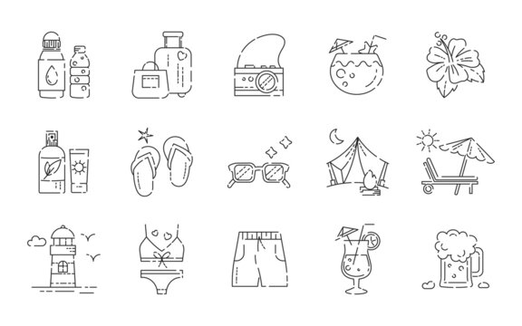 Summer vacation and beach party icon set. Vector linear symbol illustration in modern cute style. Icons of sun cream, luggage, cocktail, sunglasses, flip flops, tent, swimsuit, camera and lighthouse.