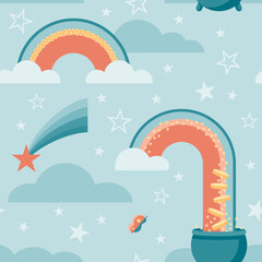 Seamless Background Pattern with Modern Rainbow, Pot of Gold, and Shooting Star vector illustrations. Treasure. Adventure. Journey.