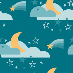 Fototapeta na wymiar Seamless Background Pattern with Night Sky, Moon, and Shooting Stars vector illustration. Adventure. Journey.