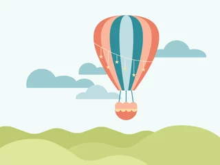  Modern Hot Air Balloon Flying through Clouds in Sky. Flat vector illustration. Sky Travel. Adventure. Journey. © HiyaLove