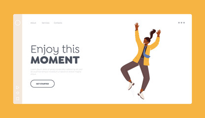 Enjoy Moment Landing Page Template. Happy Female Character Waving Hands, Rejoice and Jump. Office Woman Celebrate