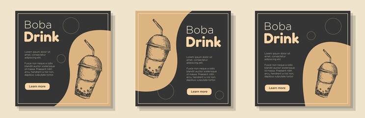 Bubble tea drinks social media post, banner set, boba tea bar advertisement concept, vintage style hand drawn drink cups marketing square ad, abstract print, isolated on background