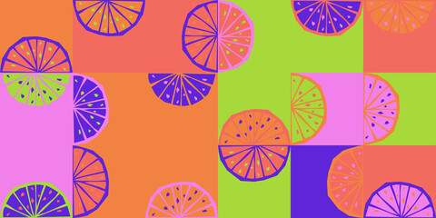 Universal Seamless Geometric Pattern With Fruit Elements, Vegetable Shapes.