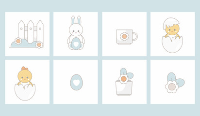 Spring Holiday Decor with cute elements. Cute flat cartoon characters. Perfect for scrapbooking, greeting card, poster, tag, party invitation, sticker set.