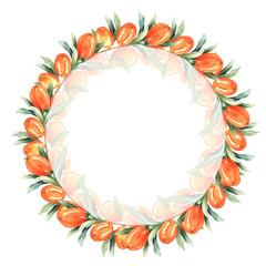 Wreath of the sea buckthorn for invitations, thank you cards, greeting cards, plates design. Botanical watercolor illustration of the buckthorn berries isolated on white. Perfect for autumn season.