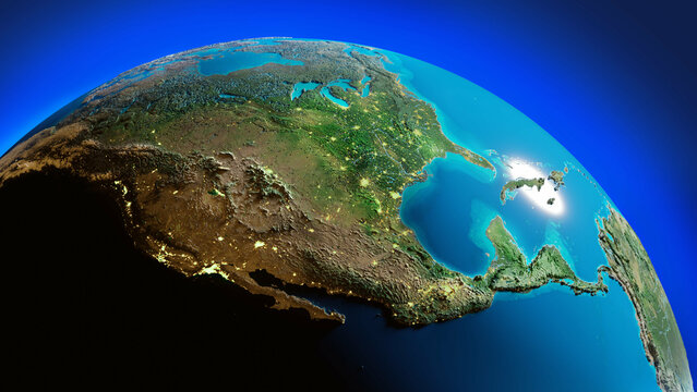3d rendering of a globe relief map with North America, USA, Canada, Mexico and some Caribbean countries  and their city lights. 