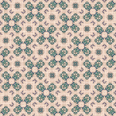 Coastal coral reef geometric quilt style linen pattern. Seamless marine fabric effect background for nautical home decor. Natural kelp geo damask in hand drawn watercolor tile print.