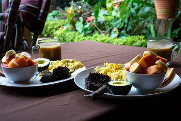 breakfast on a table outside in a garden with blurry background. Eggs, beans avocado and fruit salad - obrazy, fototapety, plakaty