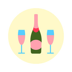 Champagne bottle and two glasses flat icon in circle isolated on white background. Pink beverage with cork for romantic or party event celebration design Abstract alcoholic drink vector illustration.