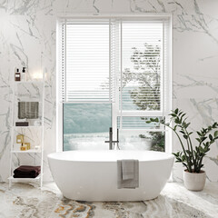 White and light marble bathroom interior with bathtub, cloud dancer 2026, and shelf with bath accessories, 3d rendering © Liliia