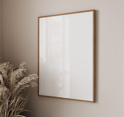 blank frame on beige wall mock up, vertical wooden poster frame on wall, mock up for picture or photo frame, empty frame on bright wall with dried plants, 3d render