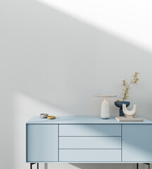 White interior with blue dresser and decor. 3d render illustration background mock up.