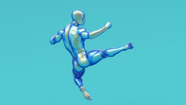 Modern minimal trendy surreal 3d render illustration, posing attractive mannequin model, human young character statue, kung fu fighter, athletic martial power strong jumping fighting man