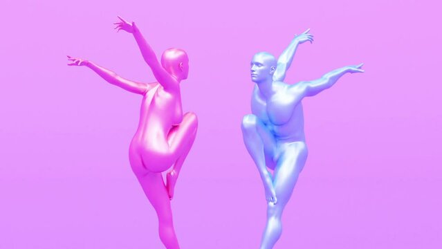 Modern minimal trendy surreal 3d render illustration, posing attractive mannequin model, human young character statue, flying jumping dancing man and woman, ballet dancer, romantic concept