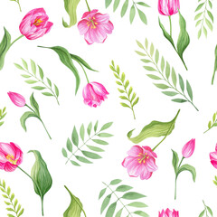 Seamless pattern with pink tulips and leaves. Watercolor illustration.