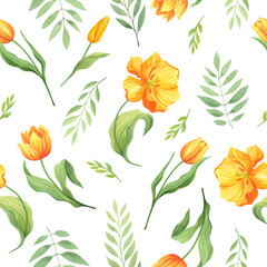 Seamless pattern with yellow  tulips and leaves. Watercolor illustration.