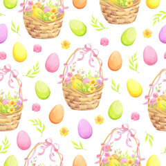 Easter seamless pattern with basket, eggs and flowers on white background. Watercolor illustration.