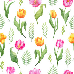 Fototapeta premium Seamless pattern with yellow and pink tulips. Watercolor illustration.