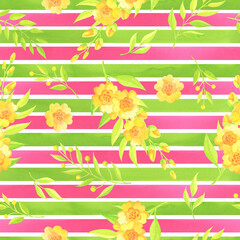 Seamless pattern with yellow flowers, pink and green stripes. Watercolor illustration.