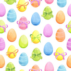 Fototapeta na wymiar Easter seamless pattern with coloful eggs with bow. Watercolor illustration.