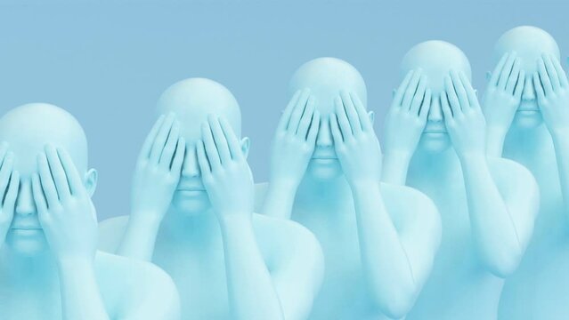 Modern minimal trendy surreal 3d render illustration, posing attractive mannequin model, human young character statue, hide eyes gesture, hands cover head, blind or surprise concept, crying man