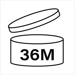 PAO cosmetic icon, mark of period after opening. Expiration time after package opened, white label. 36 month expirity on white background, vector illustration