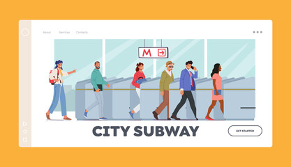City Subway Landing Page Template. Characters Use Public Transport. People Go Through Turnstile Entrance