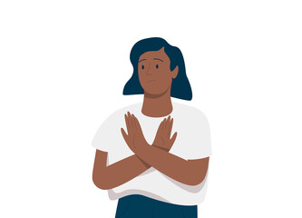 Black woman crossed her hand as protest for something. African American business female stood against smth.