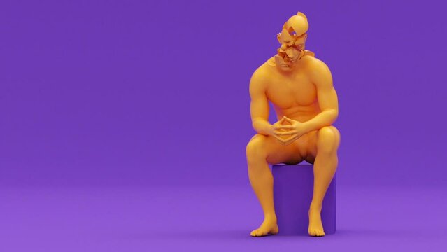 Modern minimal trendy surreal 3d render illustration, posing attractive mannequin model, human young character statue, thinking pensive handsome serious man, frustration and depression concept