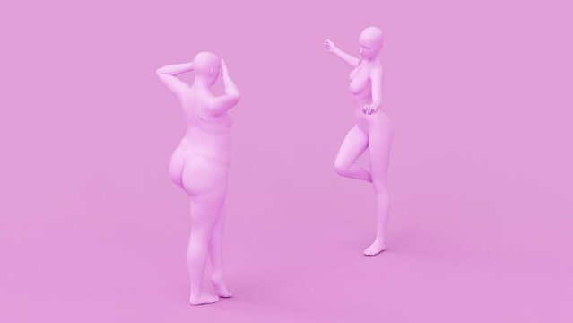 Modern minimal trendy surreal 3d render illustration, posing attractive mannequin model, human young character statue, obese overweight thick big fat woman, before and after, transformation concept