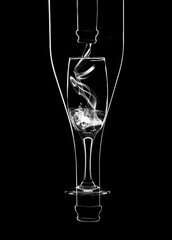 Champagne bottle and glass silhouette, isolated black background.