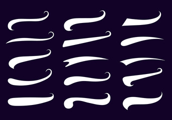 Swooshes text tails for baseball design. Sports swash underline shapes set in retro style. Swish typography font elements for athletics, baseball, football decoration. White swirl vector line