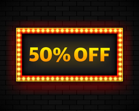 Discount 50 percent sale light bulbs boxes retro design banner. Vector illustration.