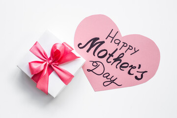 Happy Mothers day greeting card with gift box pink ribbon
