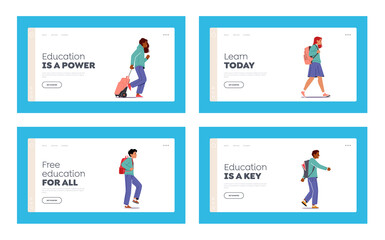 School Kids Walk with Rucksacks Landing Page Template Set. Characters Wear Uniform and Backpack Go for Education
