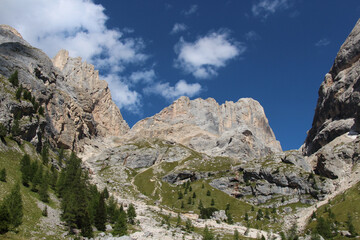 Fototapeta na wymiar Southern wall of Marmolada from Val Rosalia, Dolomites, Italian Alps.