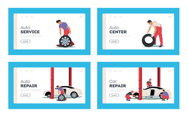 Mechanic Workshop Landing Page Template Set. Male Characters in Uniform Replace Tyres at Roadside Vehicle Repair Service