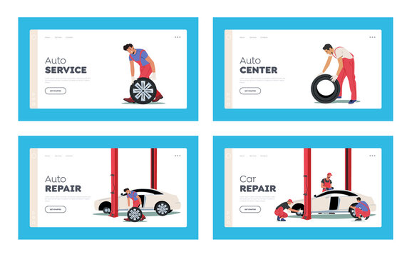 Mechanic Workshop Landing Page Template Set. Male Characters in Uniform Replace Tyres at Roadside Vehicle Repair Service