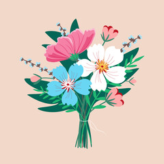 Bouquet of spring field flowers. Vector flowers are tied with a ribbon into a bouquet. Summer bloom. Beautiful garden flowers in foliage and twigs on an isolated beige background